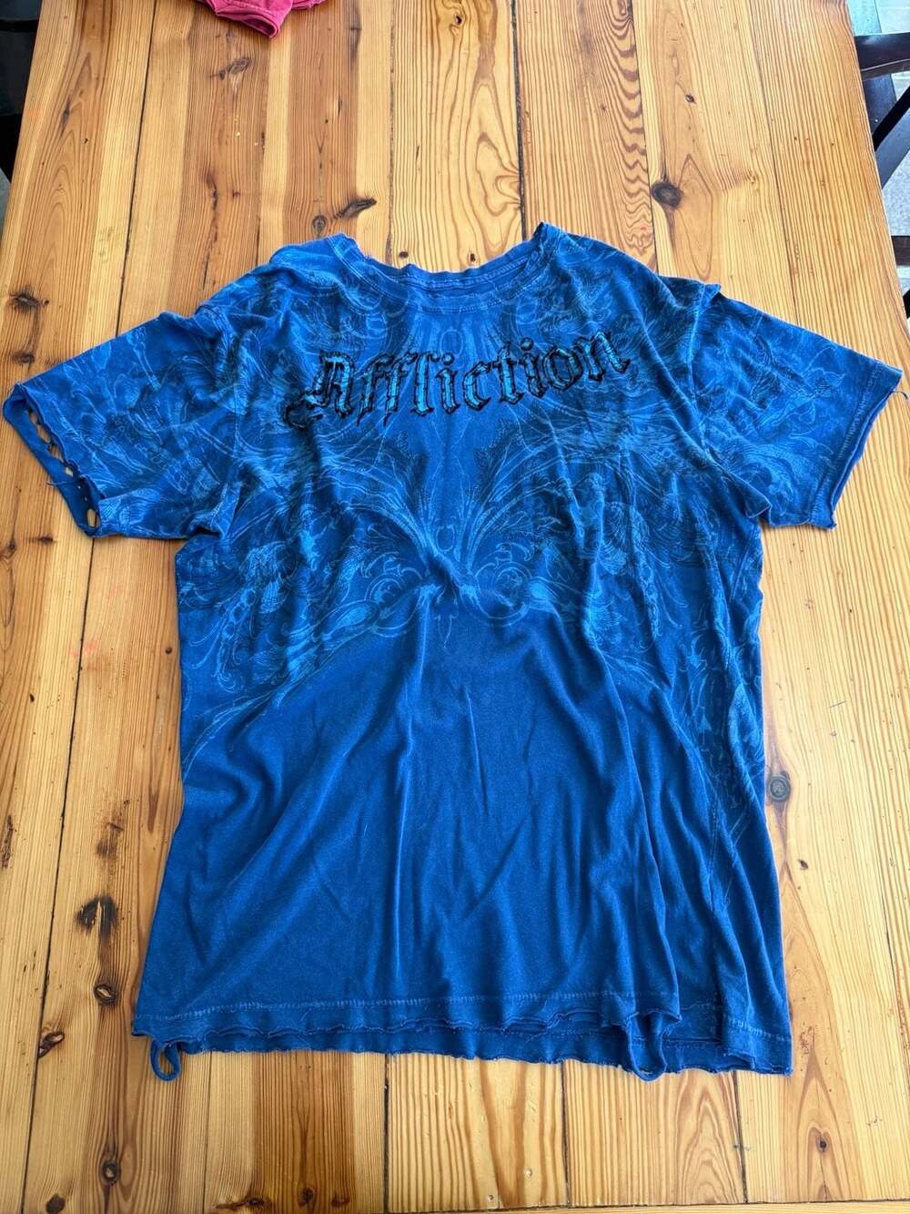 Affliction Graphic T-Shirt Blue Distressed Y2K